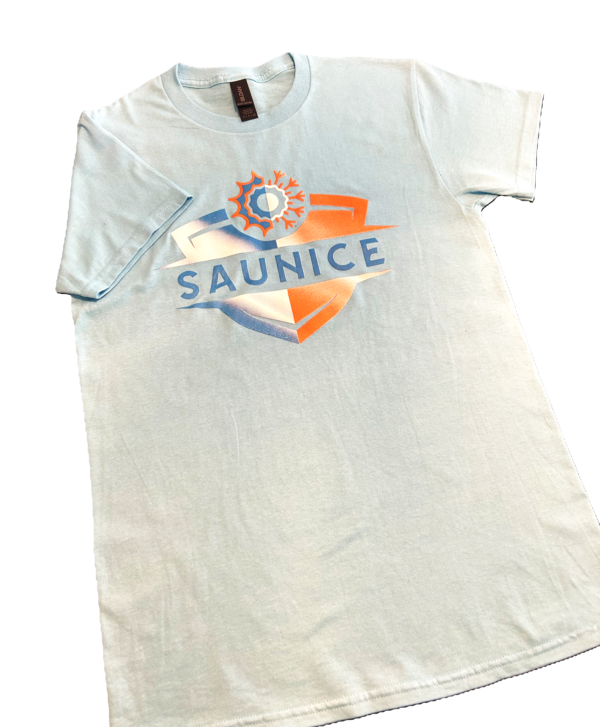Light blue t-shirt with large SAUNICE logo centered in the front