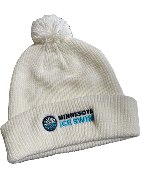 white knit hat with pom-pom, embroidered snowflake logo with "Minnesota Ice Swim" writing